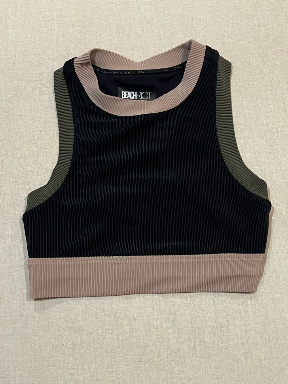 Beach Riot Gwen Colorblock Ribbed Crop Bikini Top Black Olive Tan Gym Beach XS - Picture 4 of 13